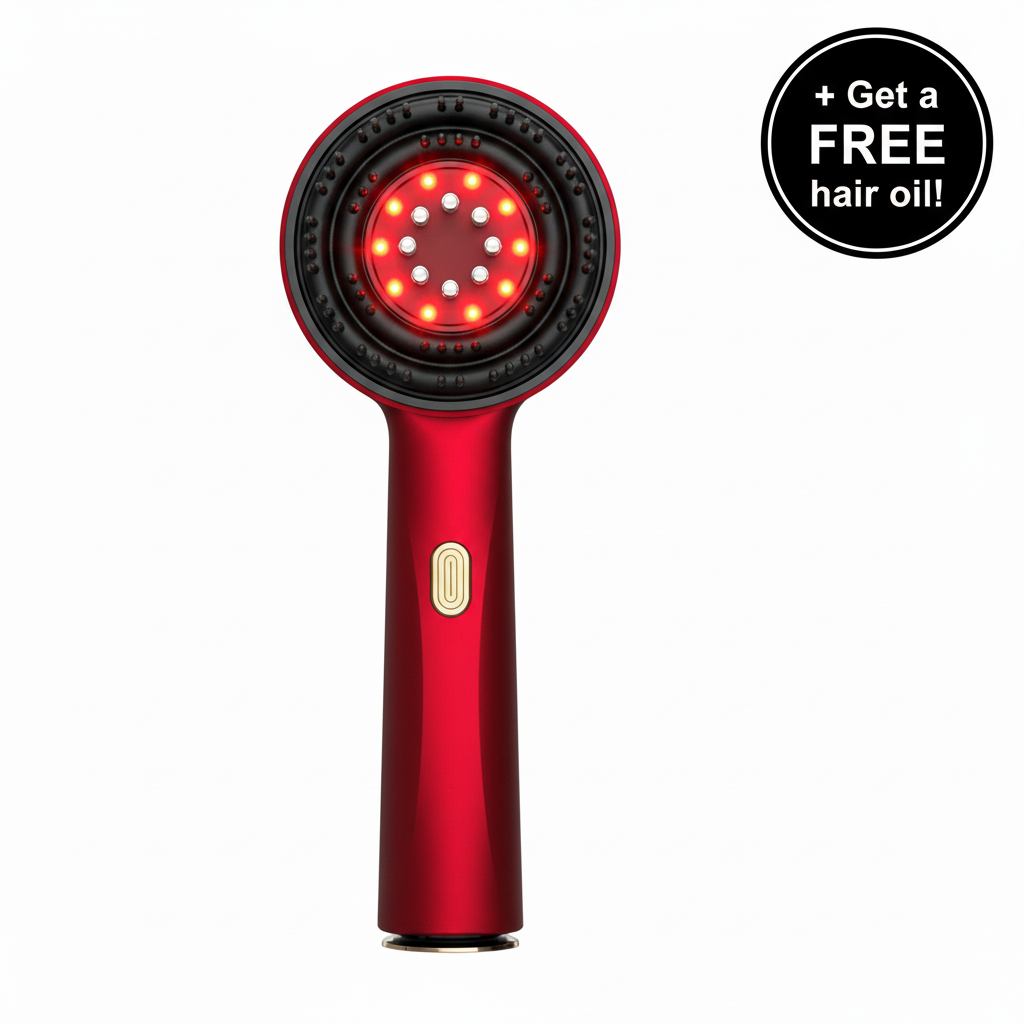 Scalp massager with badge in top right corner